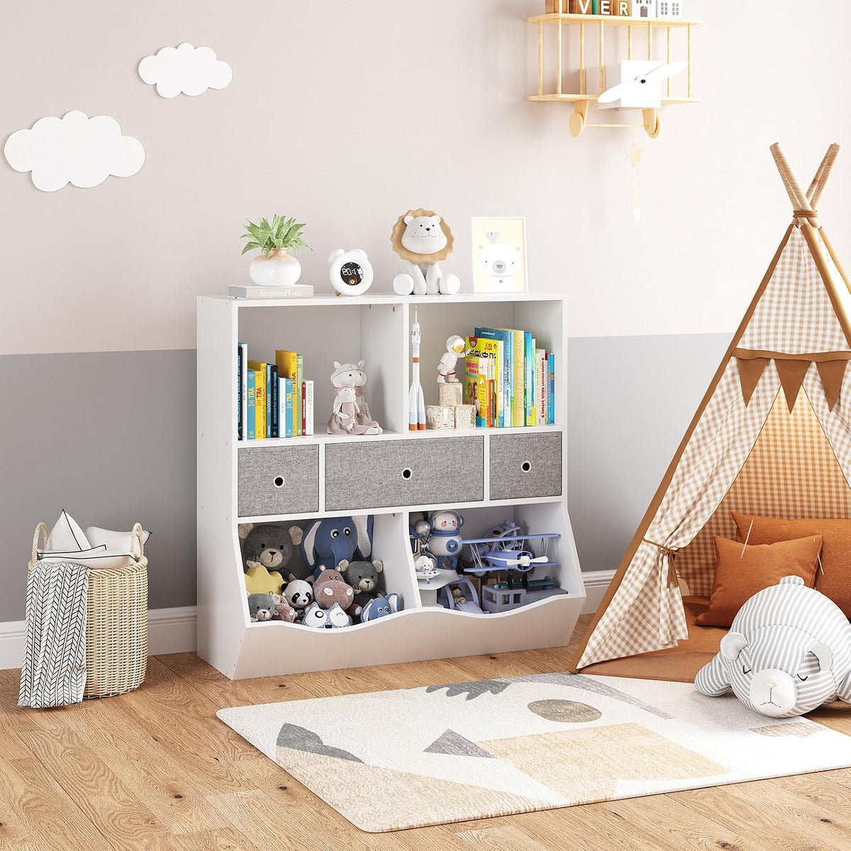 IDEALHOUSE 3-Tier Kids Bookshelf, Toy Storage Organizer with 3 Drawers,Wooden Bookcase with Large Toy Storage Cabinet for Playroom, Hallway, Kindergarten, School Toy Shelf Organization,(White)