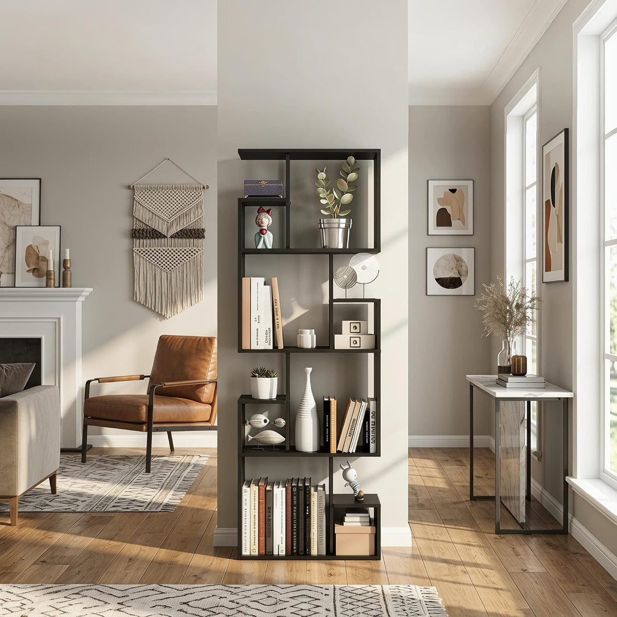 Manora Modern Geometric Bookshelf, 4-Tier Tall Bookcase with Open Display Shelves, Dark Brown Freestanding Storage Organizer for Living Room, Home Office, Bedroom, Rustic Industrial Narrow Shelf Unit