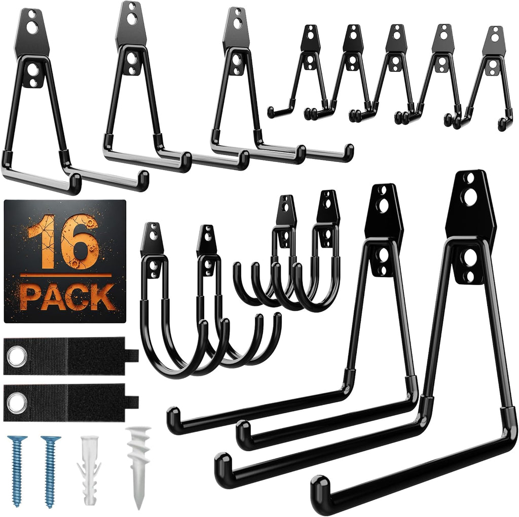 16 Pack Heavy Duty Garage Hooks, Wall Mounted Tool Hangers