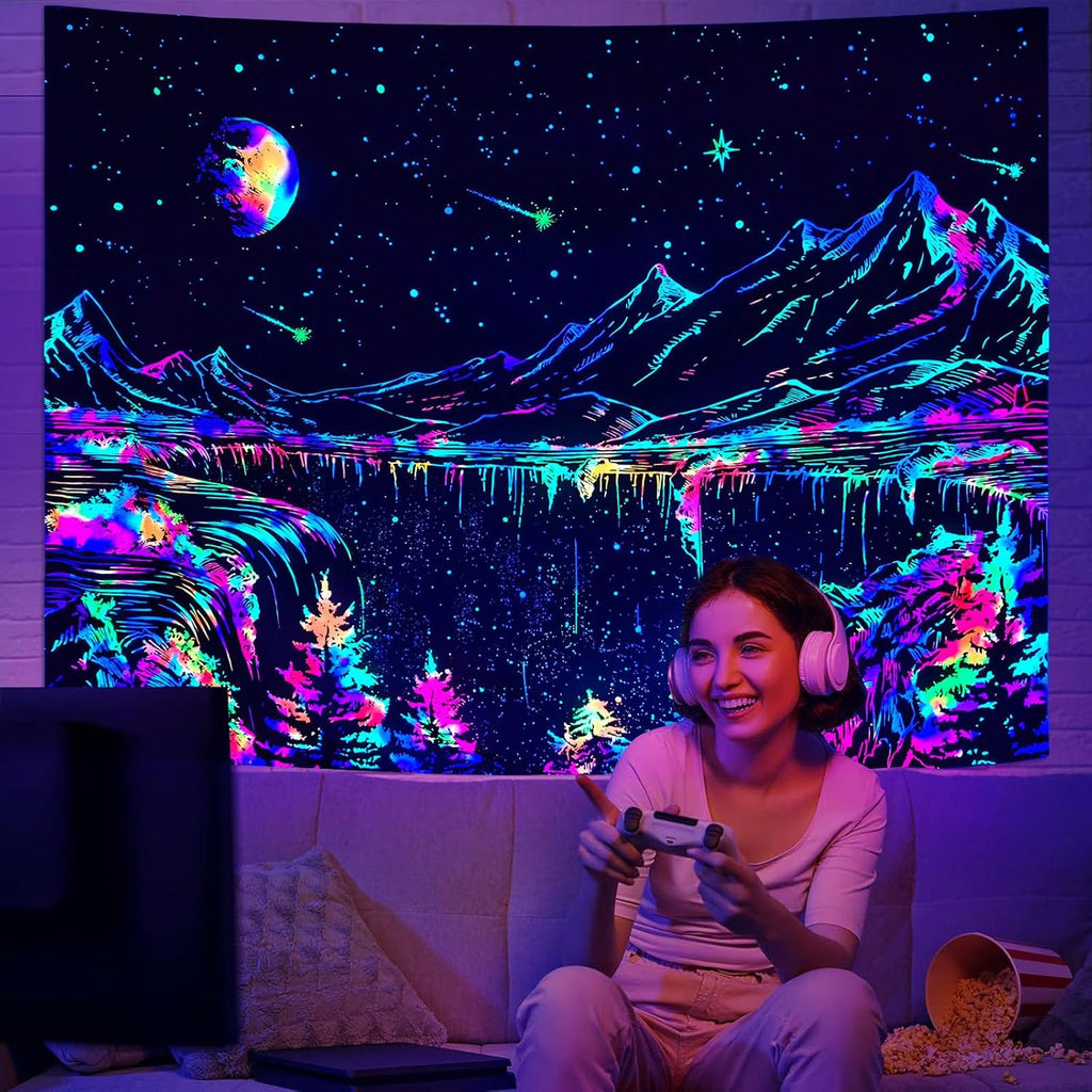 Zussun Blacklight Mountain Tapestry Starry Night Tapestries for Bedroom Aesthetic Moon and Stars Tapastry Wall Hanging Glow in The Dark Nature Forest Wall Tapestry for Living Room Dorm (48'' × 36'')