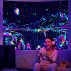 Zussun Blacklight Mountain Tapestry Starry Night Tapestries for Bedroom Aesthetic Moon and Stars Tapastry Wall Hanging Glow in The Dark Nature Forest Wall Tapestry for Living Room Dorm (48'' × 36'')