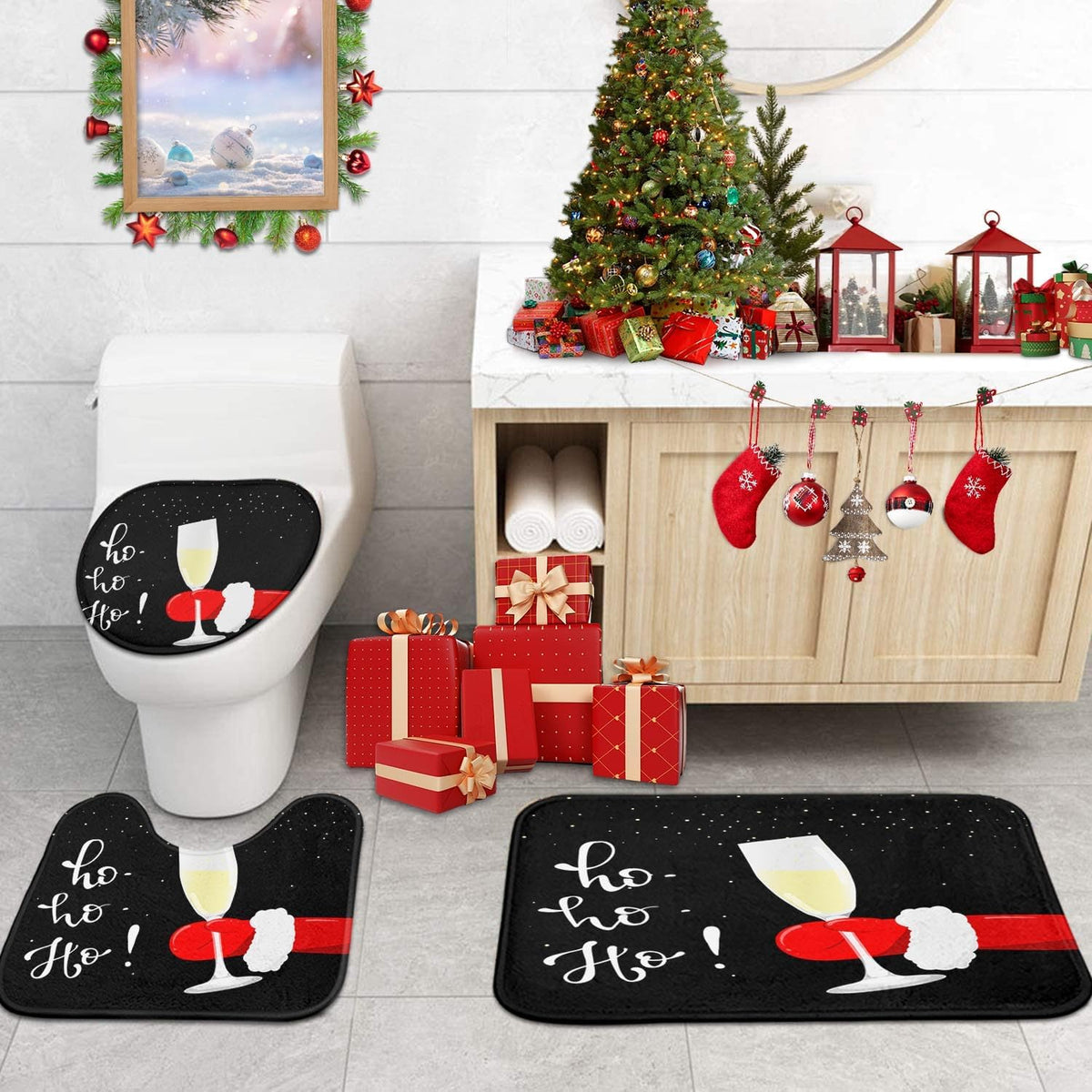 ArtSocket Christmas Bathroom Sets with Shower Curtain and Rugs Santa Claus