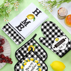 5 Pcs Buffalo Plaid Kitchen Towels Oven Mitts and Pot Holder Set,Lemon