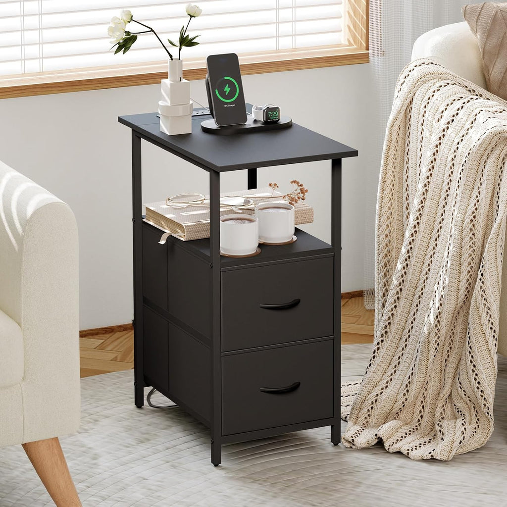 Somdot End Table Set of 2 with Charging Station, 2 Drawers, Slim Side Table
