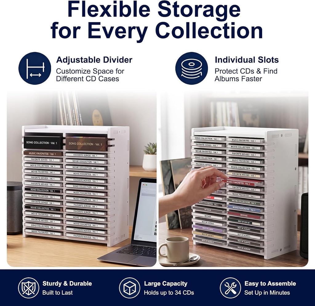 Stackable CD Storage Organizer, Holds 34 CD Cases, Great Gift Idea