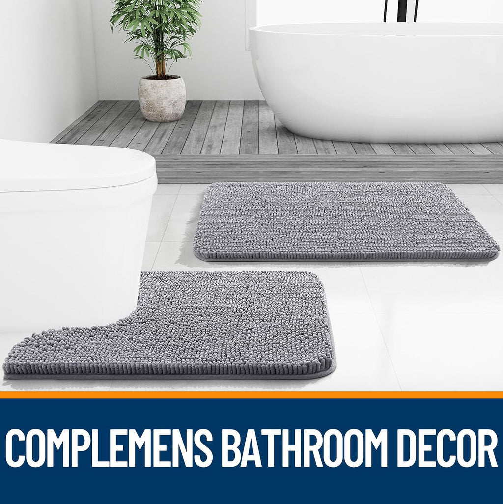 OLANLY Chenille Bathroom Rugs Sets 3 Piece, 30"x20"+24"x16"+24"x20", Grey