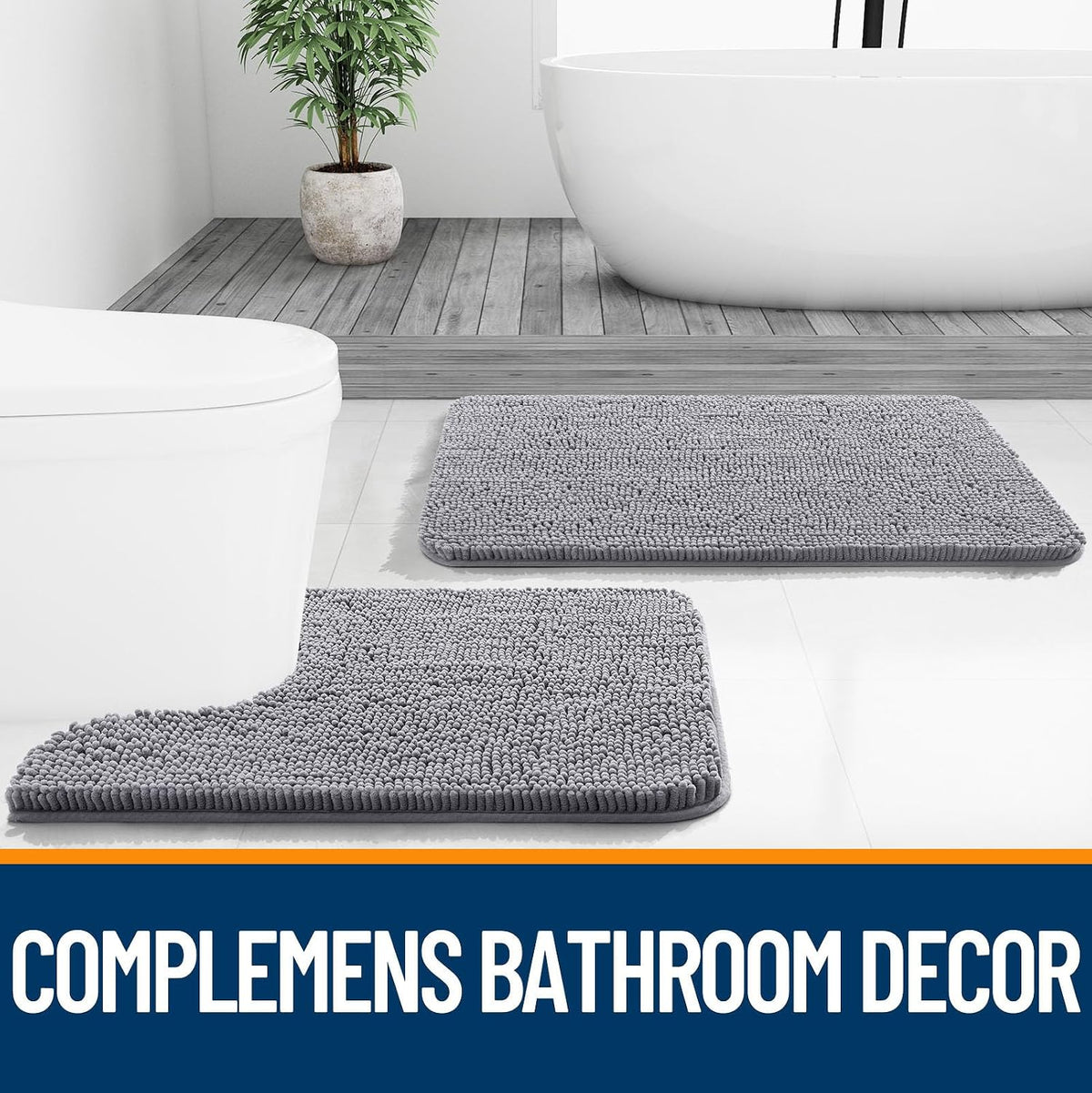 OLANLY Chenille Bathroom Rugs Sets 3 Piece, 30"x20"+24"x16"+24"x20", Grey