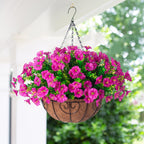Ivydale Artificial Silk Hanging Plants Flowers Basket for Outdoor Outside Summer Decoration, Fake Faux UV Sun Resistant Look Real Morning Glory Fuchsia for Porch Patio Balcony Home