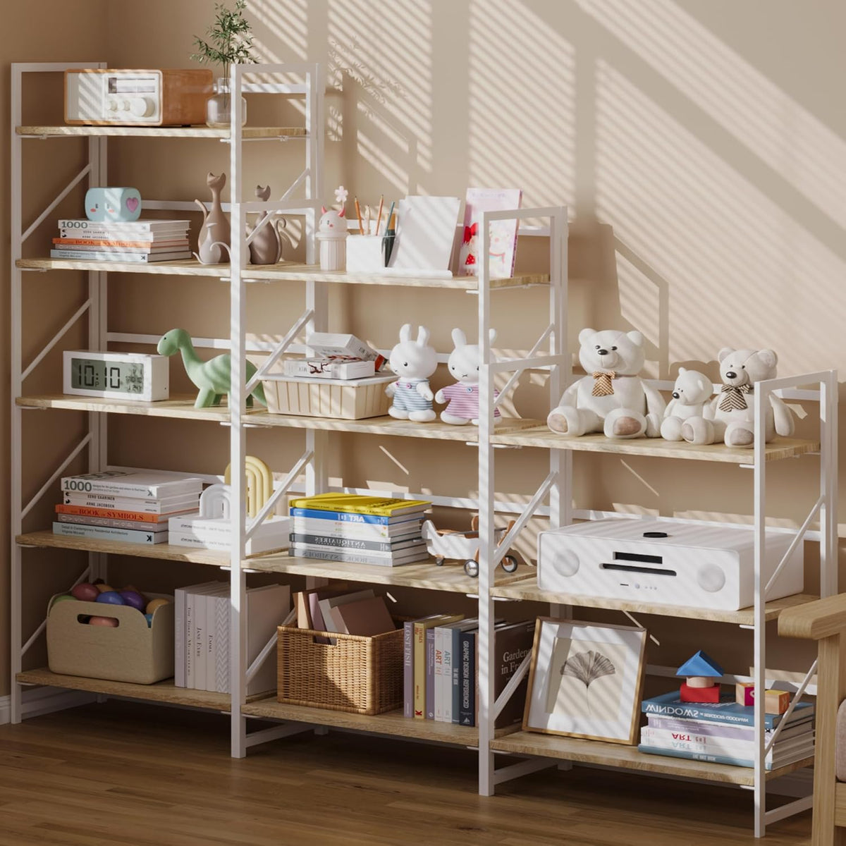 JSB No Assembly Folding Bookshelf, 5 Tier Industrial Metal Book Shelf for Storage, Vintage Wood Foldable Bookcase for Living Room, Bedroom, Office Organization Shelves