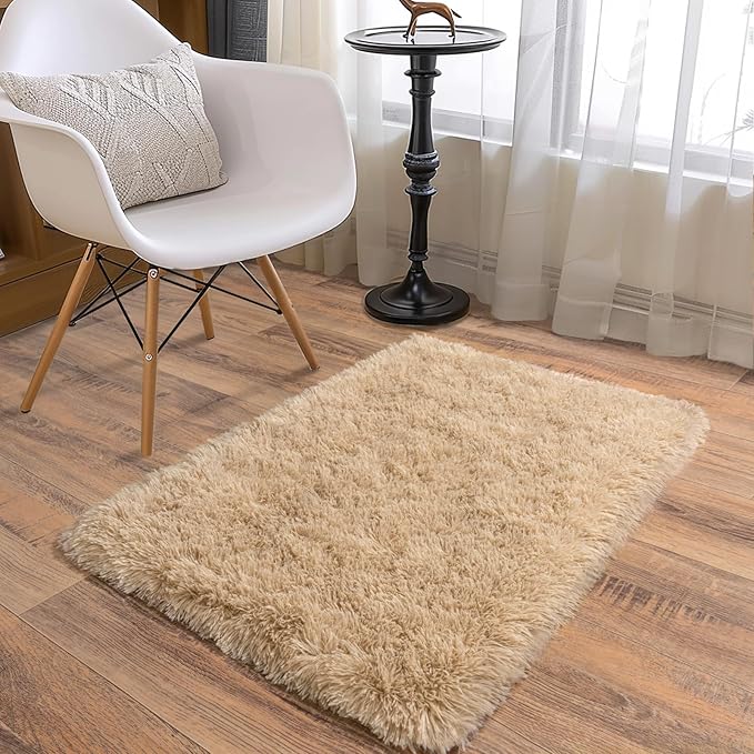 Soft Runner Rugs for Bedroom Hallways, 2x3 Beige Fluffy Shag Throw Area Rug for - Image 3