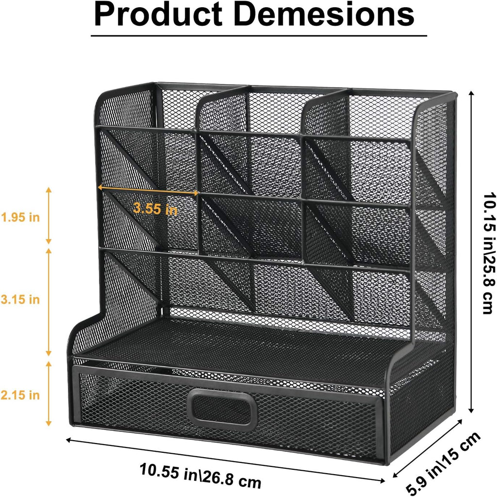 Marbrasse Mesh Pen Holder for Desk, Multi-Functional Pencil Organizer with Drawer, Desk Organizers and Accessories for Office Art Supplies (Large Black)