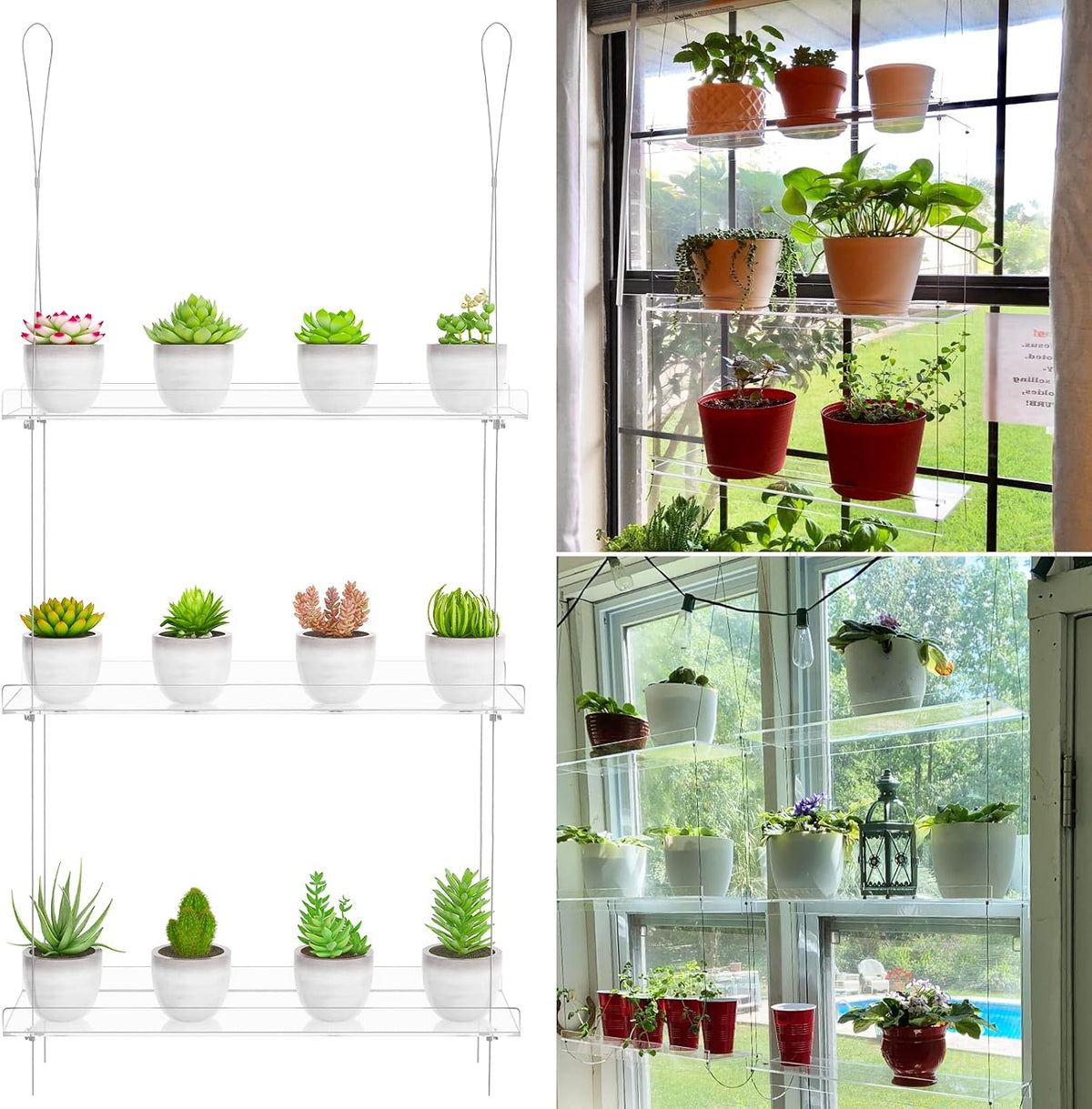 3-Tier Clear Hanging Window Plant Shelves, Indoor Acrylic Plant Stand