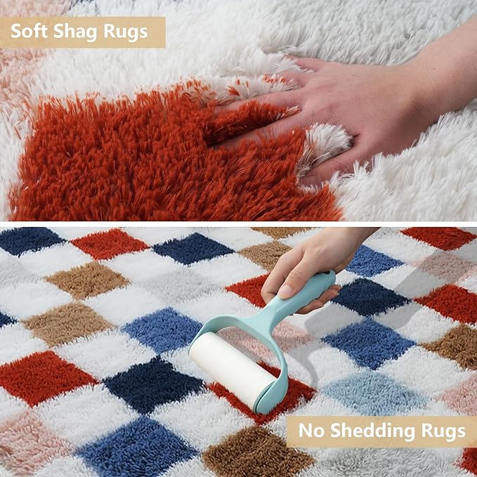 Shag Area Rug for Bedroom Living Room, 5x8 Fluffy Soft Colorful Checkered Rug - Image 3