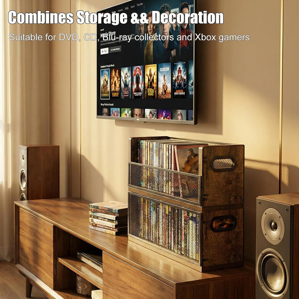 DVD Storage Rack 2 Pack, Stackable Media Shelf with Magnetic Door