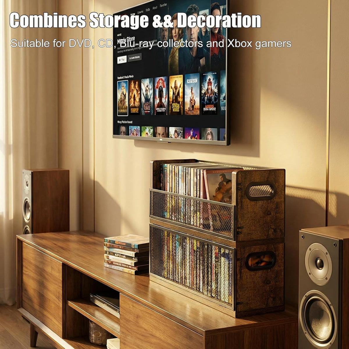 DVD Storage Rack 2 Pack, Stackable Media Shelf with Magnetic Door