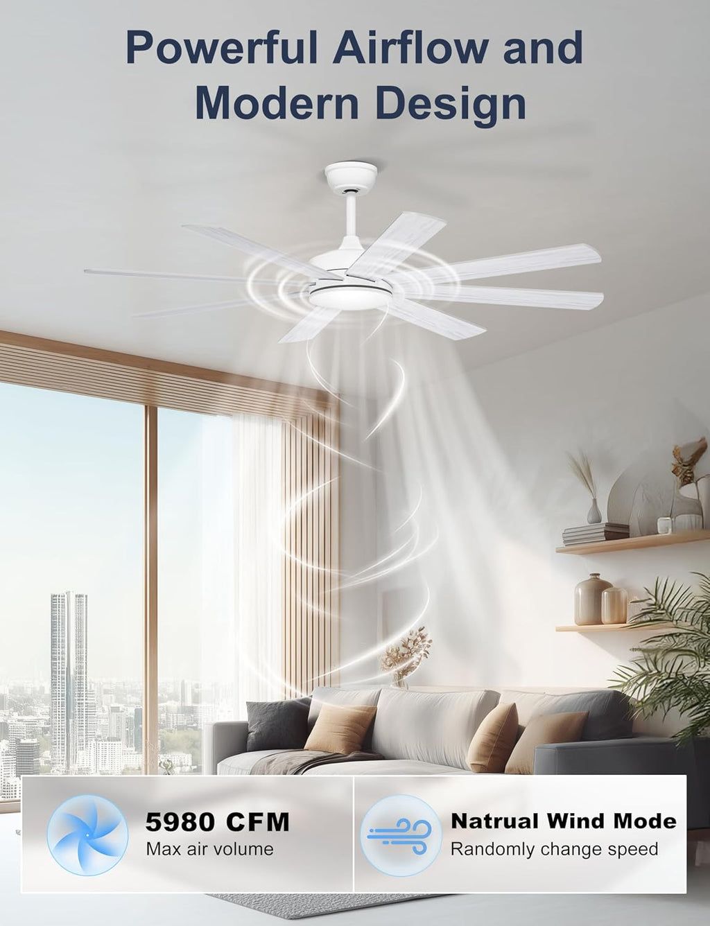 60'' White Ceiling Fan Without Lights for Indoor/Covered Outdoor