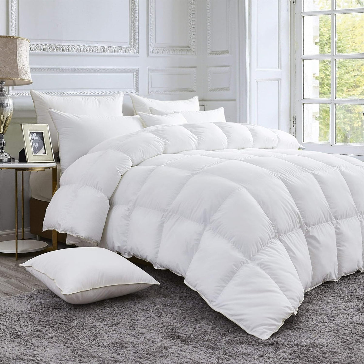 Luxurious Goose Feather Down Fiber Comforter King Size, Extra Fluffy Duvet Insert, Ultra-Soft, Breathable, Baffle Box Design, All Season Hotel Luxury (Palatial King 120" x 98" White)