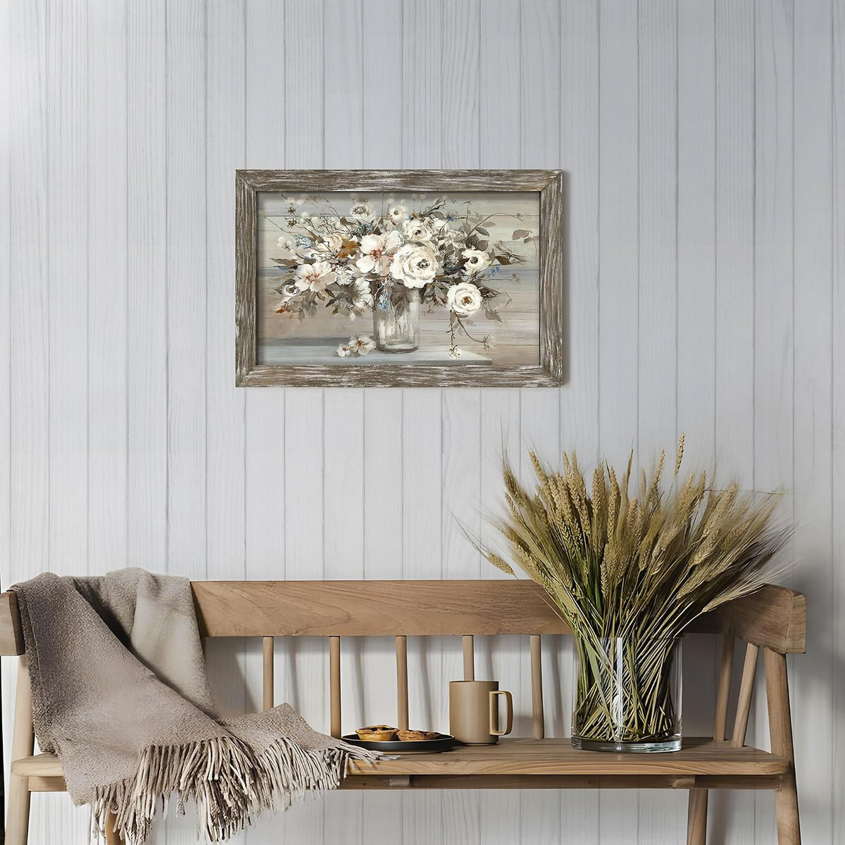 Floral Bouquet Wooden Framed Picture: Vintage Botanical Flowers in Crystal Vase Wall Art Artwork Print Rustic Abstract Nature Plant Painting for Living Room Bedroom Farmhouse