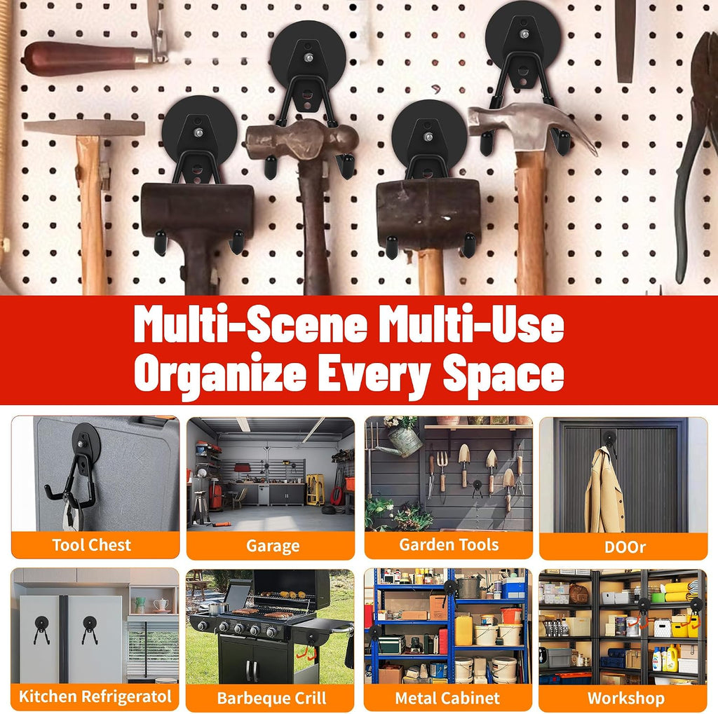 4 Pack Heavy Duty Magnetic Garage Hooks,No Drill Installation and Rubber Coating for Scratch-Free Use,Space Saving Large Utility Hooks for Kitchen,Tools,Pegboard,Workshop (Red 2pcs+Black 2pcs)