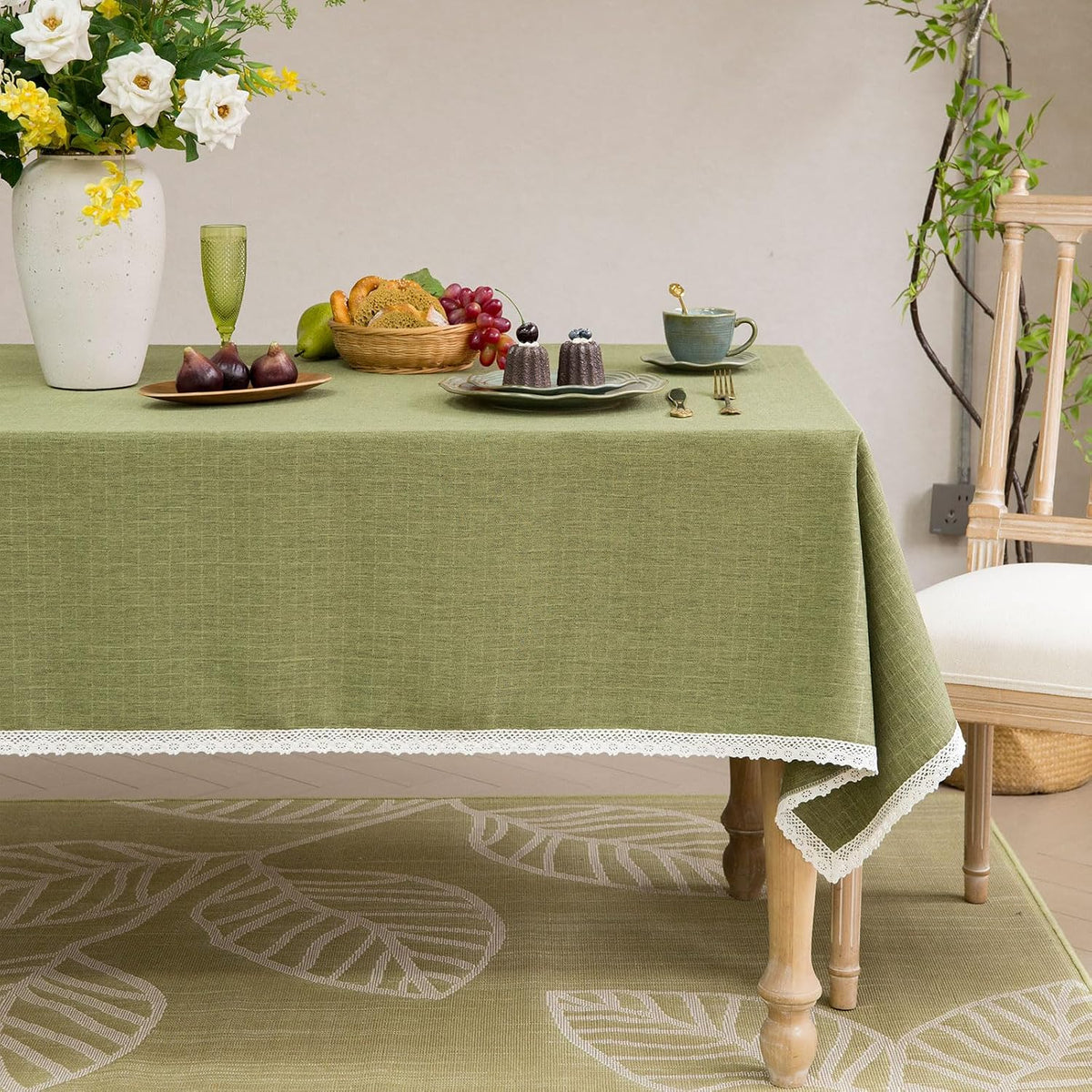 GLORY SEASON Textured Tablecloth Linen-Look Rustic Burlap Stlye Washable Solid Heavy Weight Lace Trim Fabric Table Cloth,Table Cover for Kitchen Dinning Tabletop Decoration 90 in Round Green