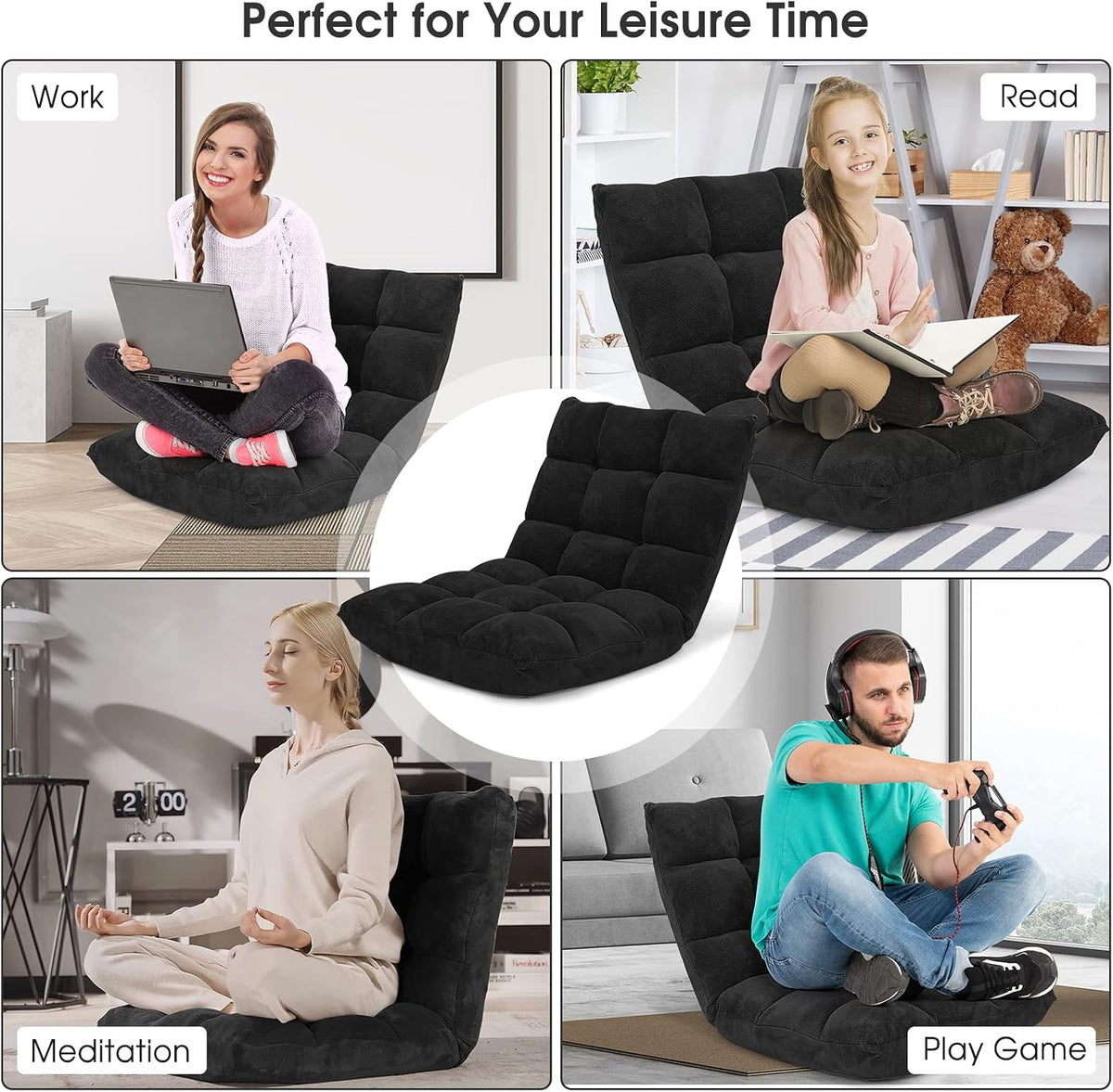 Adjustable 14-Position Floor Chair, Padded Gaming Sofa Chair, Transformable Folding Sleeper Lounge, High Back Lazy Sofa, Great for Reading, Gaming, Meditation (Black)