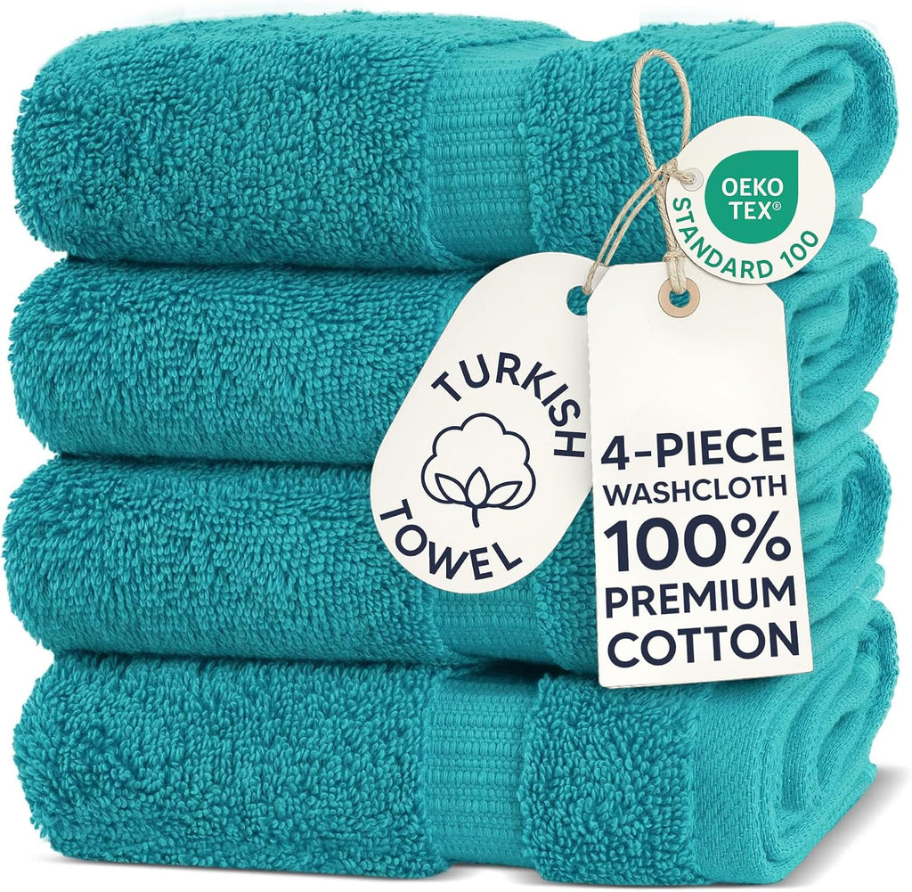 Chakir Turkish Linens 100% Cotton 4-Pack Washcloths 13x13, Aqua