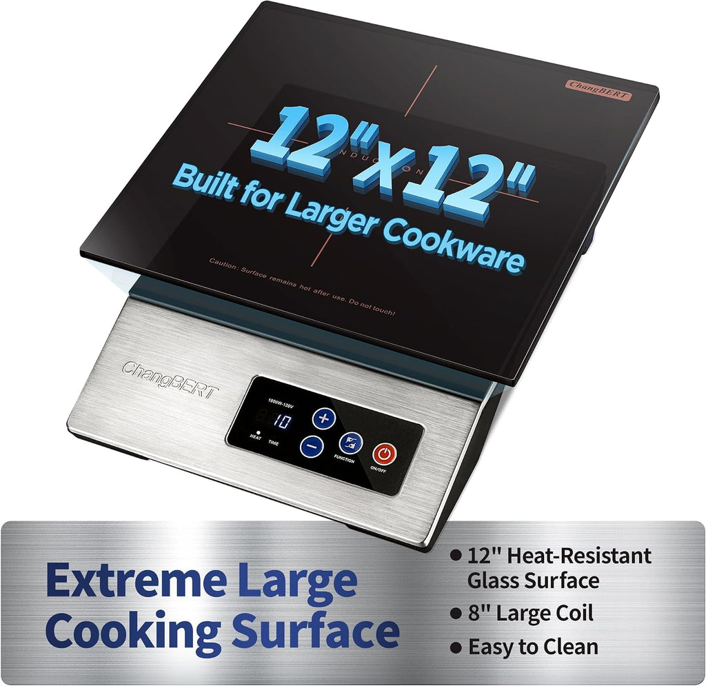 ChangBERT 1800W Commercial Grade Induction Cooktop, NSF Certified Portable Large 8" Heating Coil, 12" Heat Resistant Cooking Surface Premium Stainless Steel Pro Chef Professional Burner Hot Plate