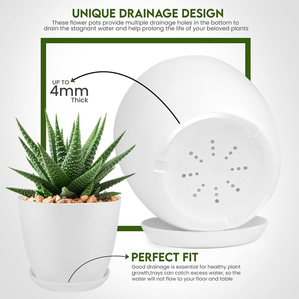 Plant Pots Indoor with Drainage, 5 Pack Multi-Size Planters Set, White