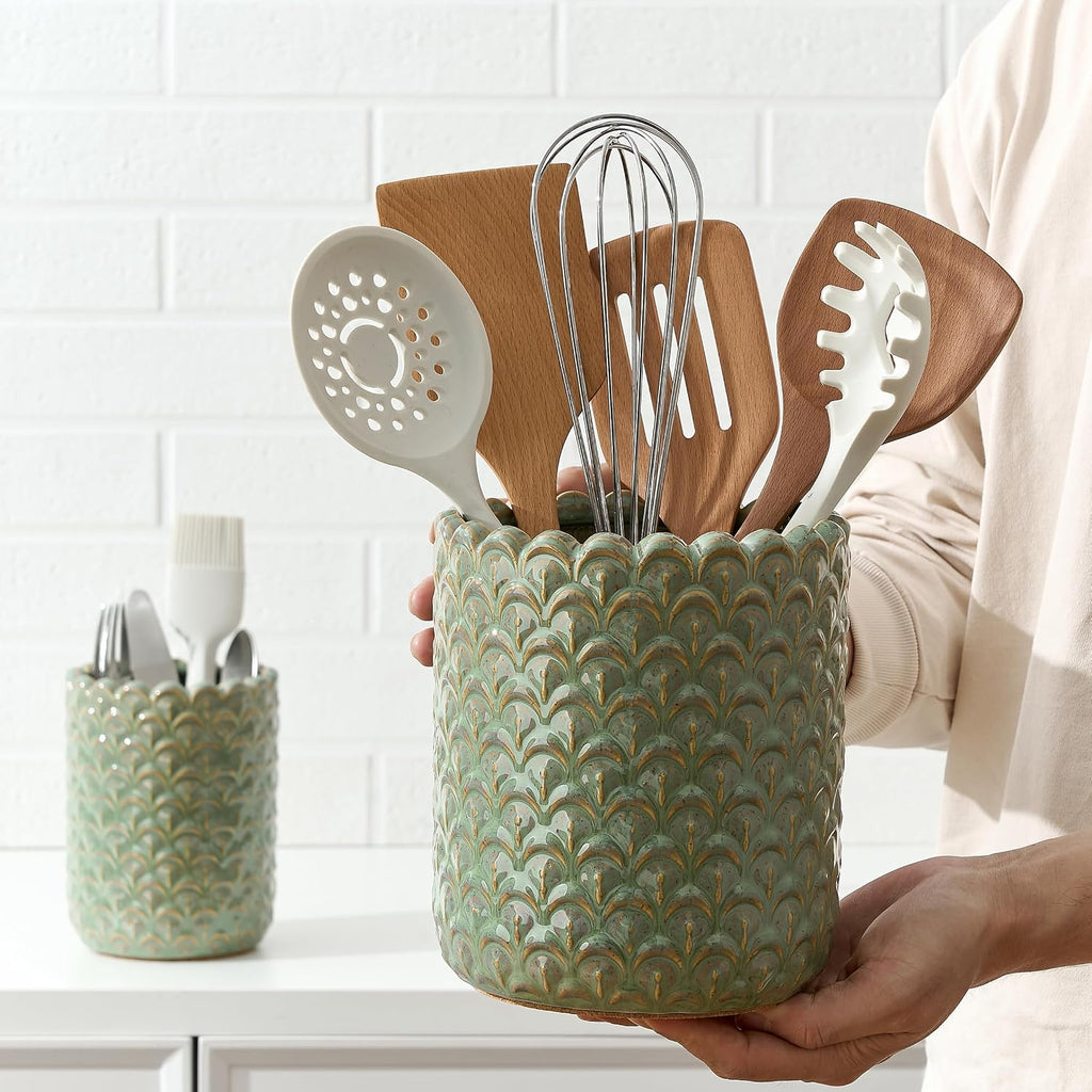 JIEMEI HOME Kitchen Utensil Holder, Large 7.5"+6.2" Petal Ceramic Utensil Crock for Countertop, Utensil Holder with Cork Mat, Morden Utensil Organizer for Spatula, Kitchen Decor, Set of 2- Green