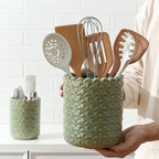 JIEMEI HOME Kitchen Utensil Holder, Large 7.5"+6.2" Petal Ceramic Utensil Crock for Countertop, Utensil Holder with Cork Mat, Morden Utensil Organizer for Spatula, Kitchen Decor, Set of 2- Green