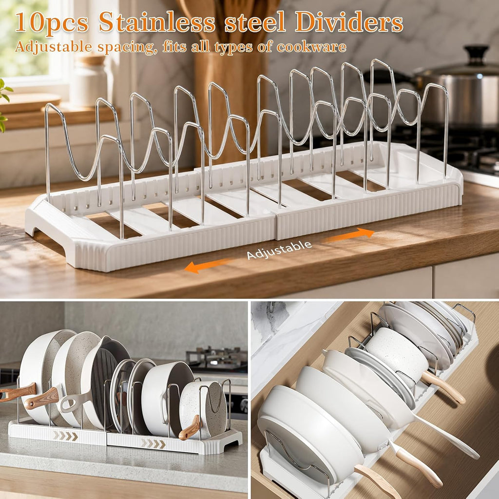 2 Pack Expandable Pots and Pans Organizer Under Cabinet, 13-22" Kitchen Cabinet Organizer with 10 Adjustable Dividers and 10Pcs Pot Protectors for Lids, Baking Sheets & Cookware (2, White)