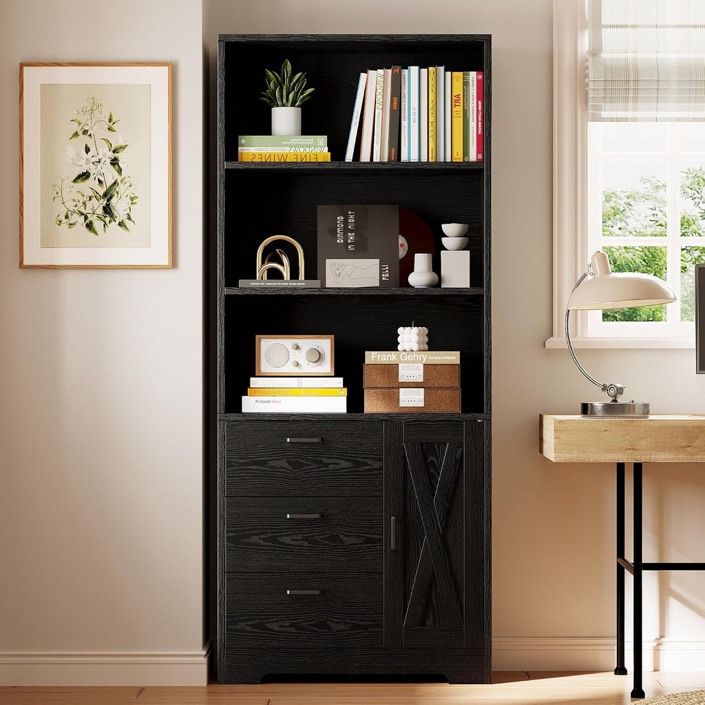 IRONCK 71 in Bookshelf with Doors and Drawers, Industrial Tall Bookcase