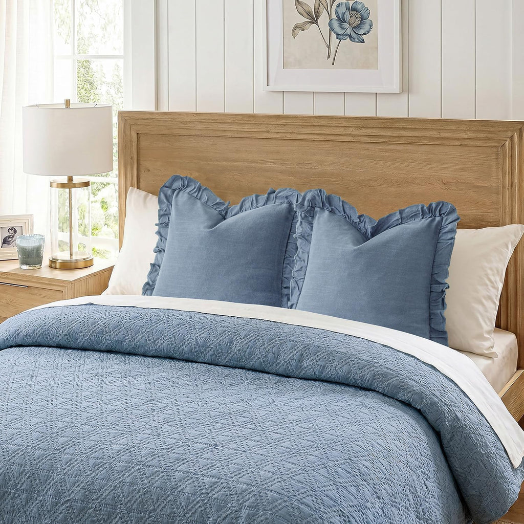 Foindtower Linen Fringe Ruffle Throw Pillow Covers 20×20 Inch Coronet Blue