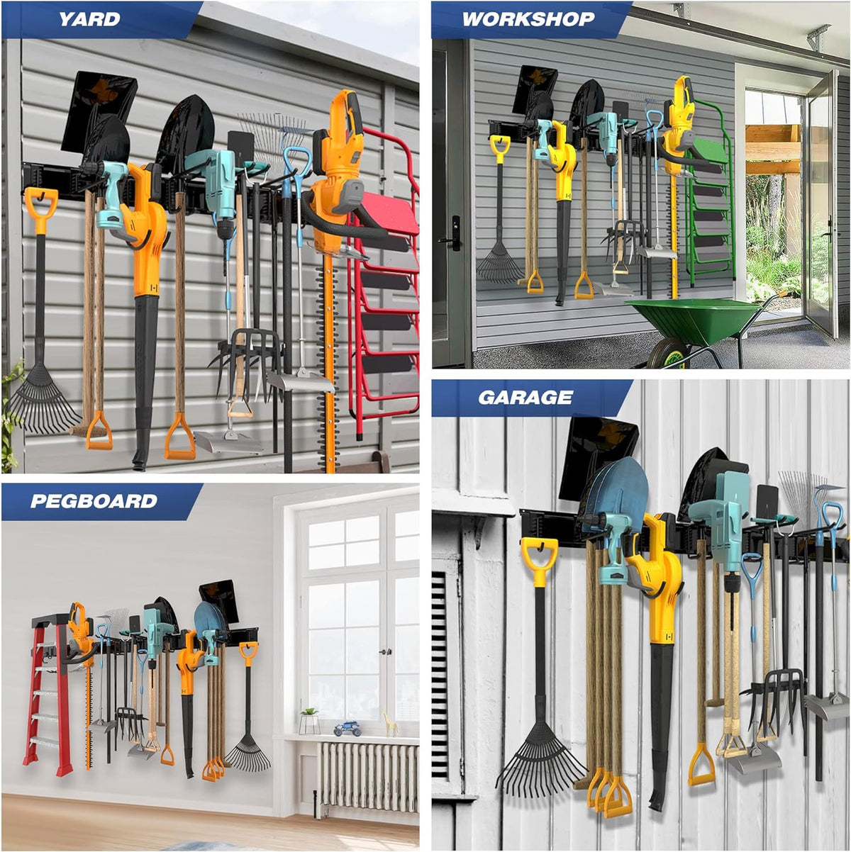Garage Wall Organizer, Heavy Duty Tool Hangers for Garage Wall with 8 Double Hooks & 3 Rails, Tool Organizer Wall Mount, Garage Hanging Storage Rack for Shovel, Rake, Broom and Ski Gear
