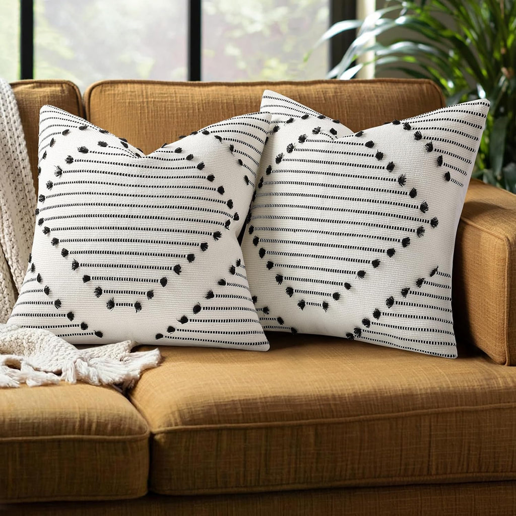Mecatny Boho Outdoor Throw Pillow Covers 18x18 Set of 2 Black & Cream White