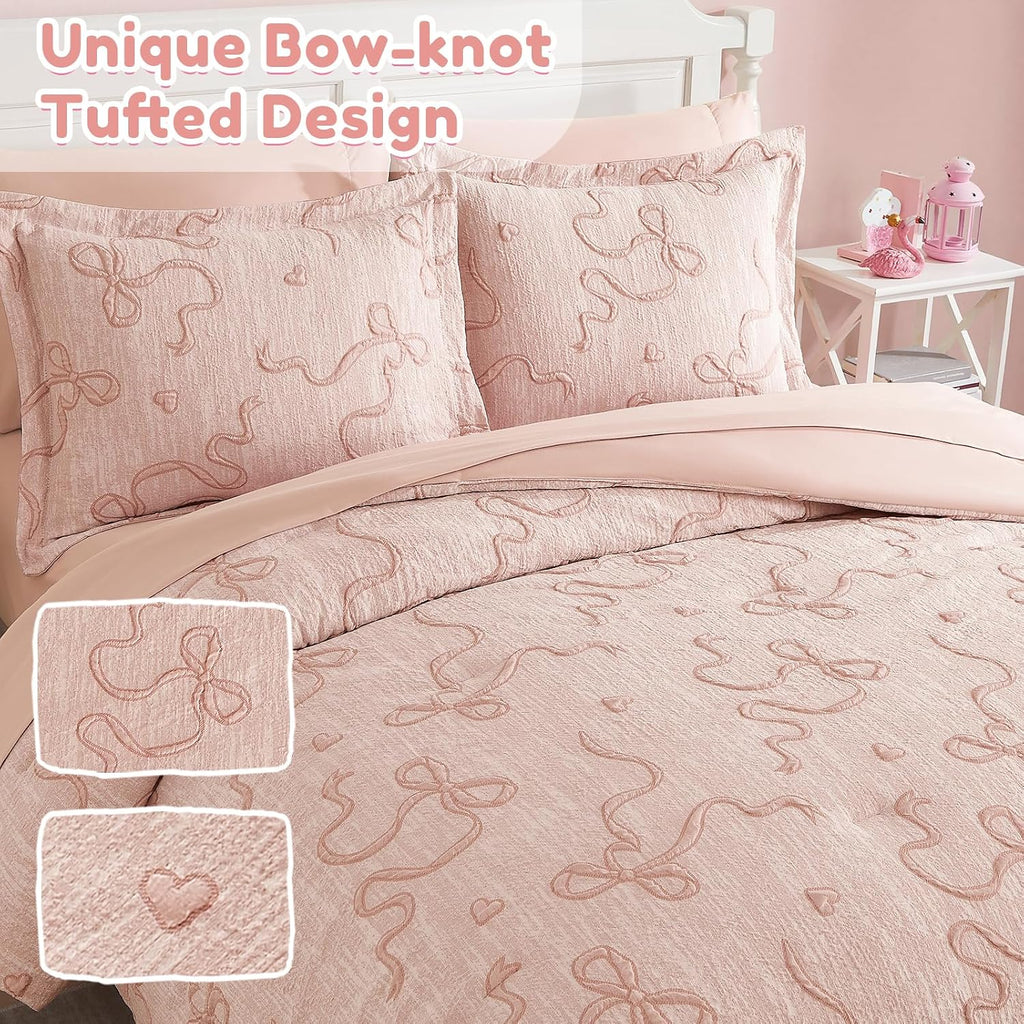 Full Size Comforter Sets for Girls - 7 Pieces Bow Bedding Set Bed in a Bag