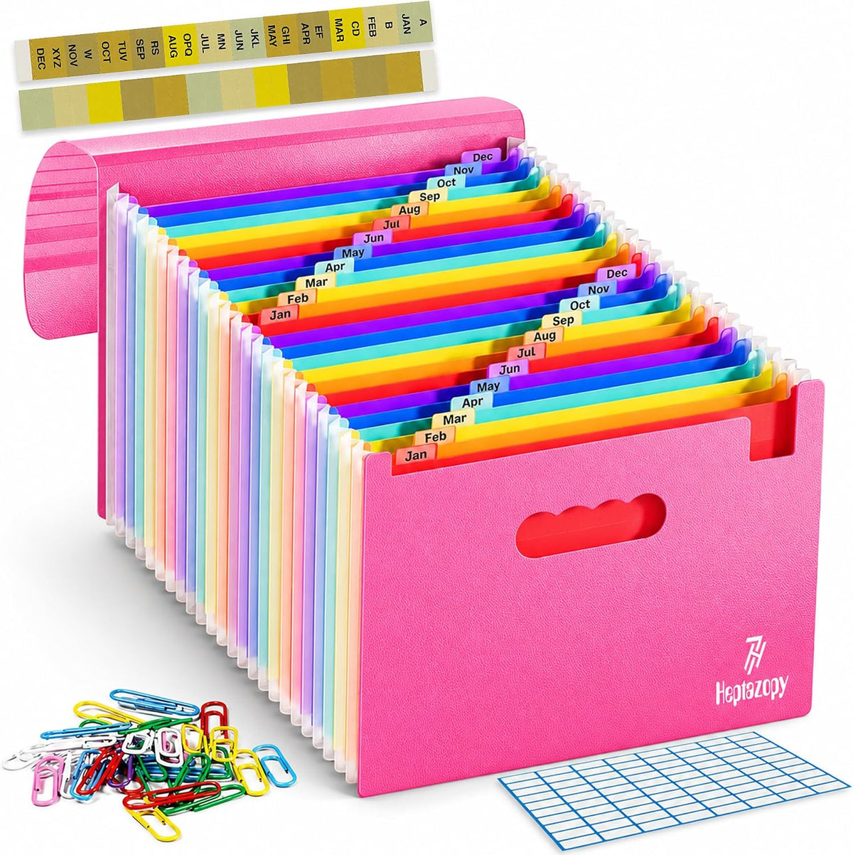 Plastic Accordion File Organizer, 26 Pockets Expandable File Folder Organizer, A4 Letter Size Filing Organizer with Colorful Tabs, Elastic Cord, 60 Paper Clip, Label & Stickers for Office School Home