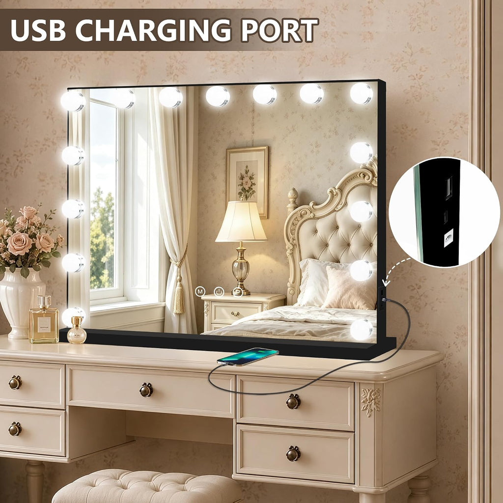 Ratsamee Black Hollywood Vanity Mirror with Lights, 15 Dimmable Bulbs, 3 Color Lights,Make Up Lighted Mirror, Aluminum Metal Frame, USB Charging Port（23" x 18"）