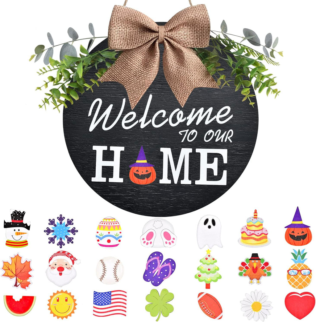 Interchangeable Welcome Home Sign, Seasonal Front Porch Door Decor With 21 Changeable Icons for Halloween /Christmas/Independence Day, Rustic Wood Wreaths Wall Hanger for Housewarming Gift (12in)
