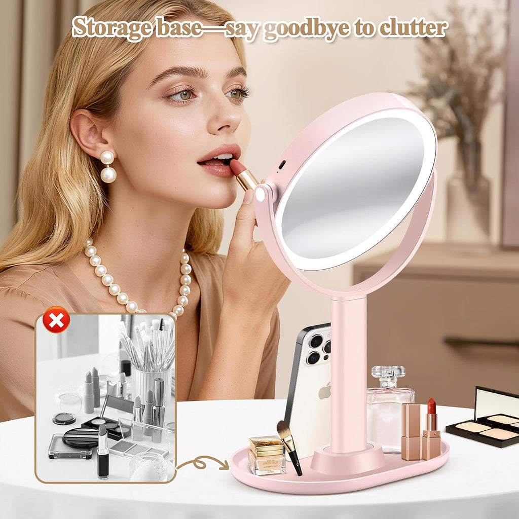 MOMOKUBA Makeup Mirror with Lights, 30X Magnifying Mirrors, Height Adjustable, Vanity Mirror with Lights Rechargeable 3 Color Modes, Double-Sided Detachable Travel Mirrors, Gift for Women, Pink/30X