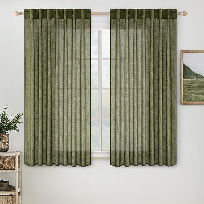 MIULEE Light Olive Green Linen Curtains 63 Inch Length 2 Panels by MIULEE