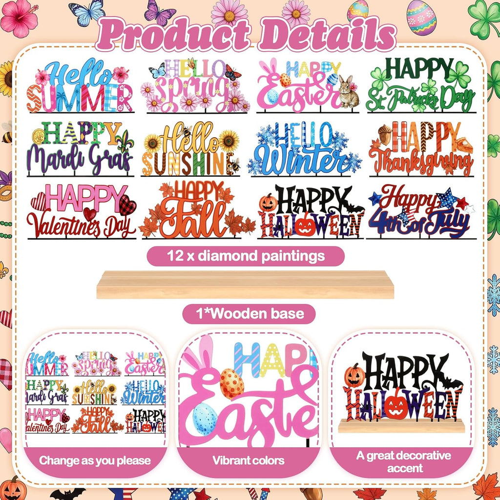 Chunful 13 Pcs Interchangeable Holiday Metal Table Signs with Wooden Base