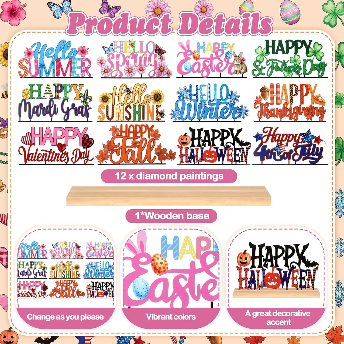 Chunful 13 Pcs Interchangeable Holiday Metal Table Signs with Wooden Base