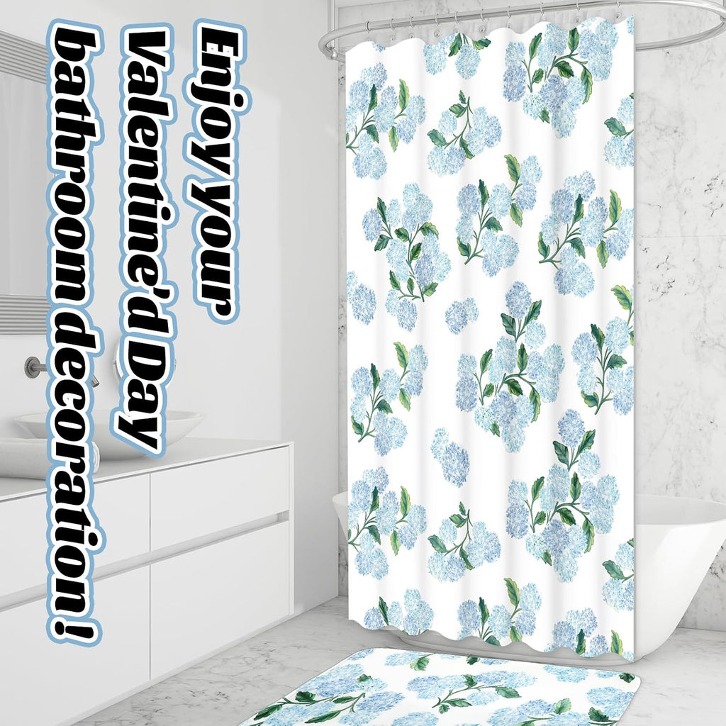 FYSUIMU 4Pcs Blue Hydrangea Bathroom Set Spring Floral Non-Slip Bath Mat U-Shaped Toilet Rug Toilet Lid Cover Shower Curtain with Hooks for Home Hotel Accessories Decoration