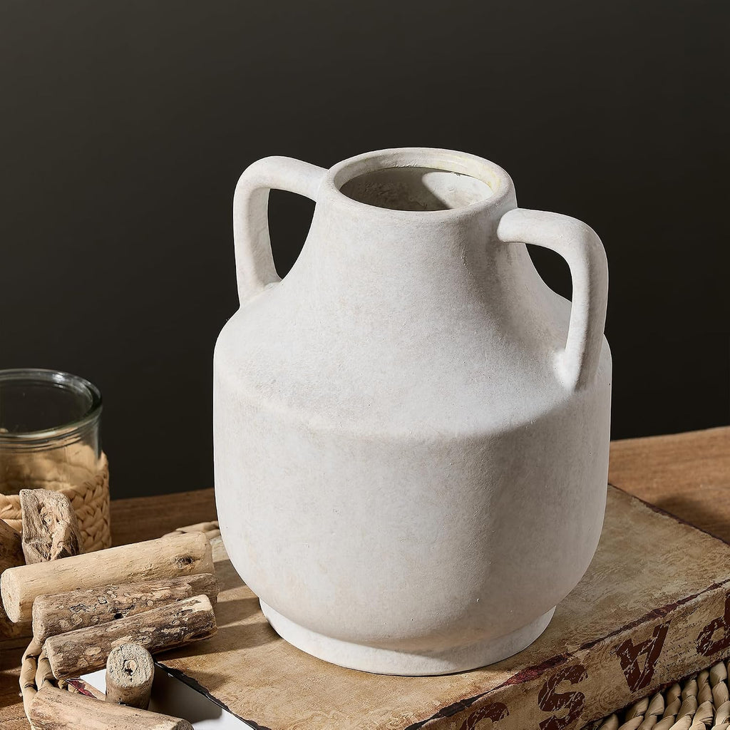 Mitt&Ditt Ceramic Flower Vase with Handles, 8 inch Tall Off-White Vase, Decorative Terracotta Vases, Farmhouse Rustic Pottery Vases for Home Decor, Living Room, Table