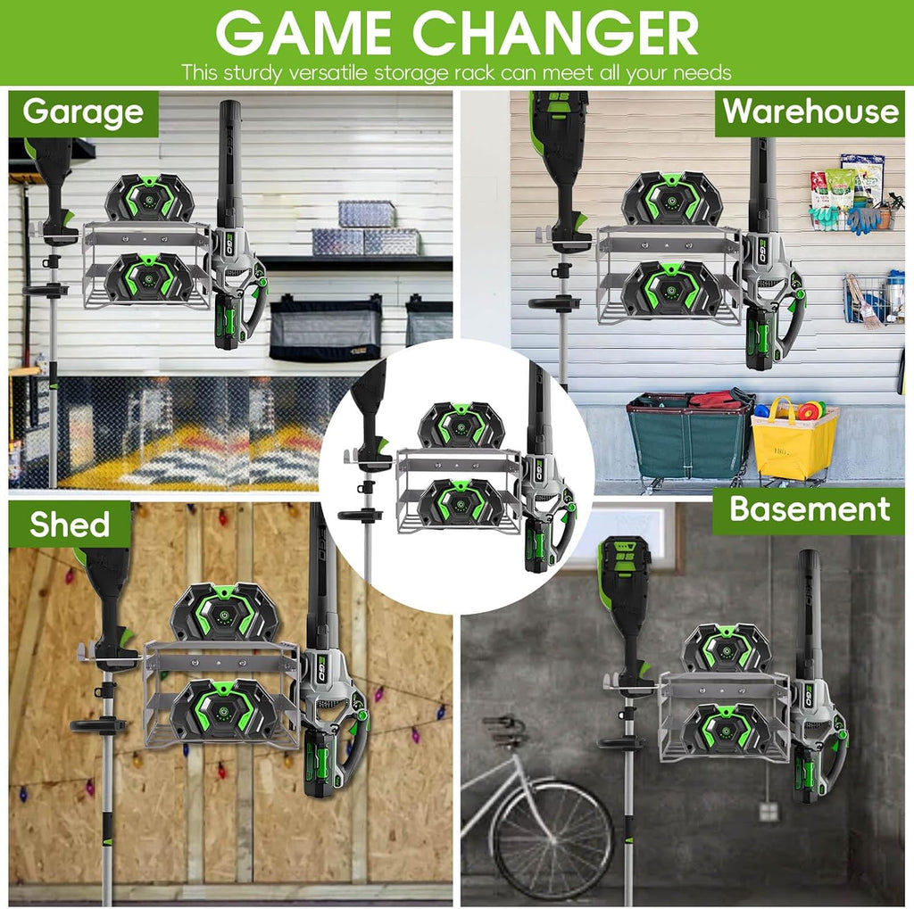 Power Tool Organizer Wall Mount - Heavy Duty Weed Eater Hanger for Garage Organization, Cuboid Garage Storage Rack for EGO Leaf Blower, Trimmer, Chainsaw, Edger, Battery, Charger, 180lbs Load Capacity
