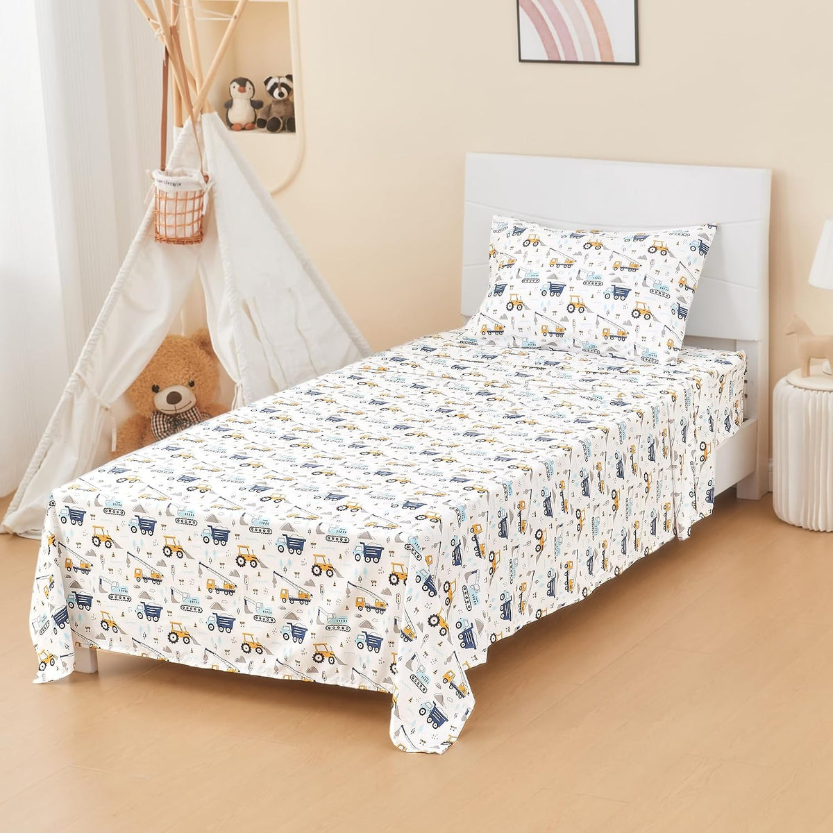 lasoftan Kids Sheet Set Twin Size 3 Pcs, Boys Sheet Set with Blue Excavator Car Pattern，Kids Boys Twin Fitted Sheet，Breathable & Silky Soft Microfiber Fitted Sheet