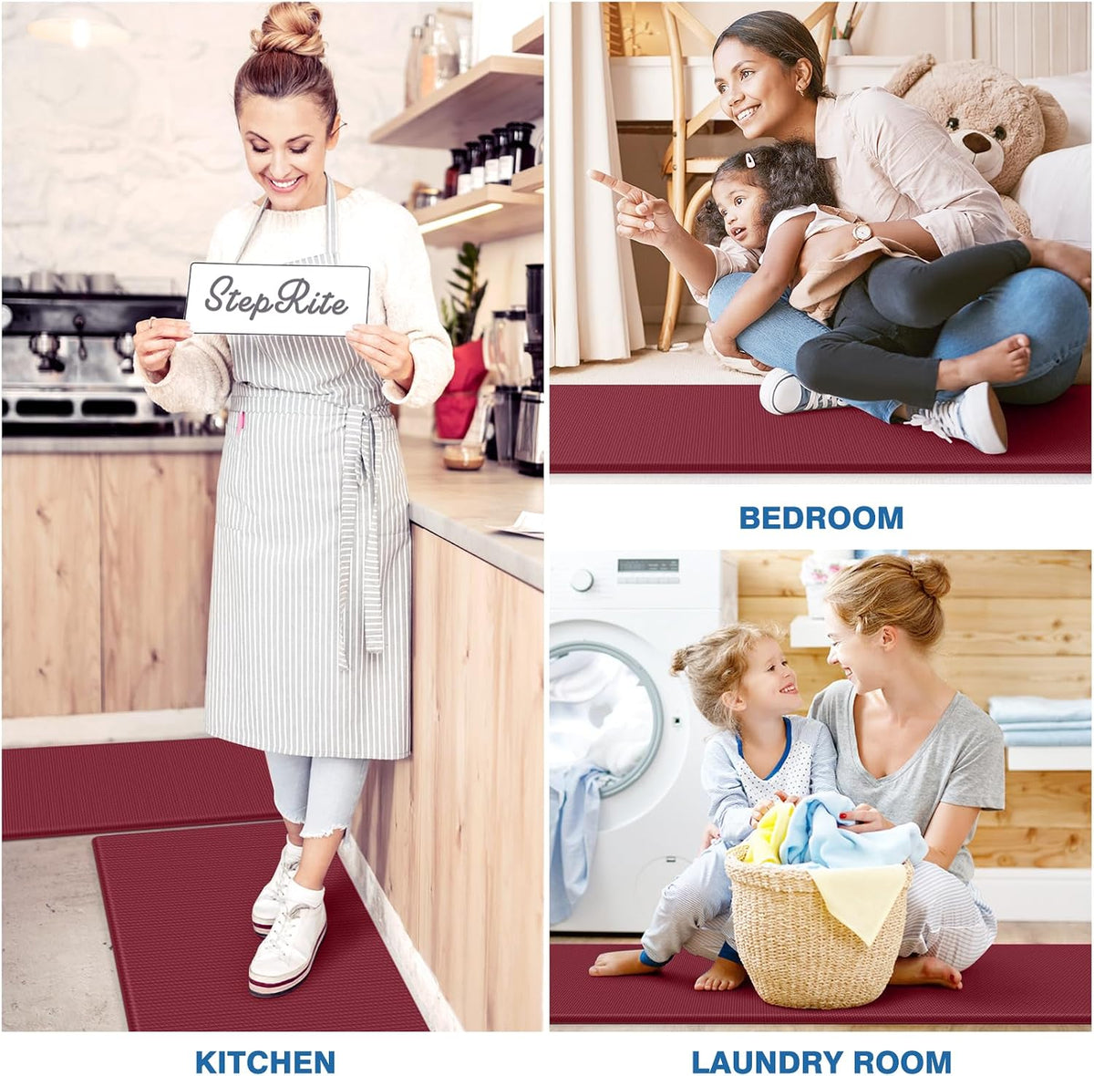 StepRite Kitchen Mats for Floor, 2-Piece Anti-Fatigue Rugs, Burgundy
