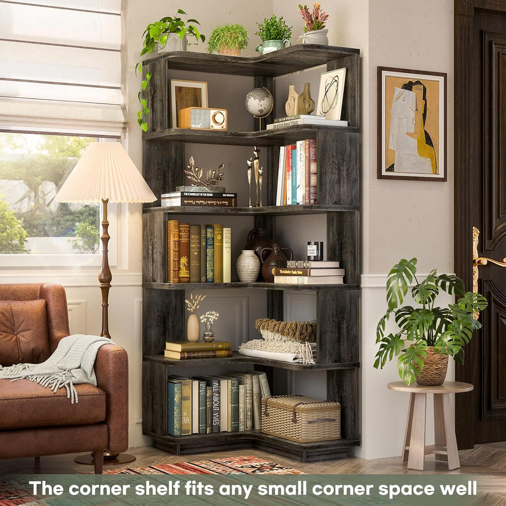 Armocity Corner Book Shelf, 6-Shelf L Shaped Corner Bookshelf with Baffle