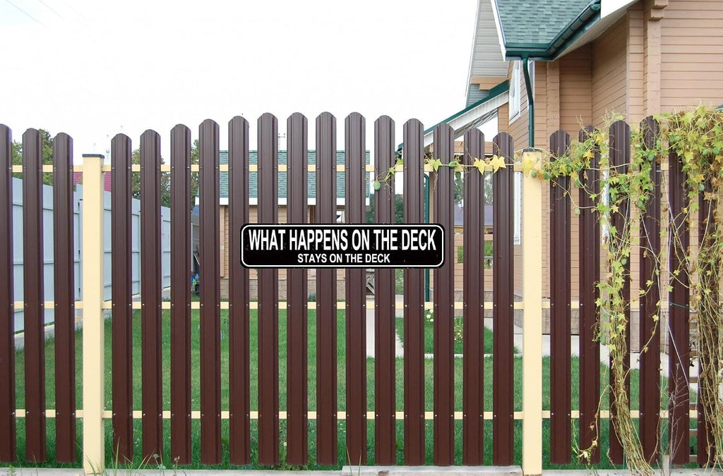 Funny Deck Metal Sign - What Happens on the Deck Stays Rustic Outdoor Wall Decor for Patio, Backyard & Porch 16x4 Inch